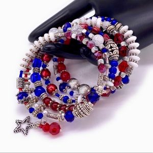 Handmade red, white, and blue beaded wrap bracelet